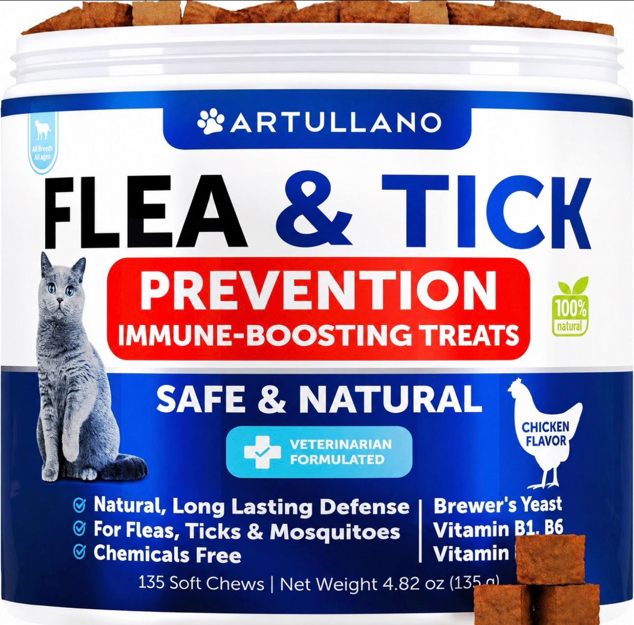 Flea Treatment For Cats Natural Flea And Tick Prevention Supplement For Cats Kittens Chewable Daily Oral Pills With Vitamins 135 Soft Chews Skin & Coat Dental Treats Digestion